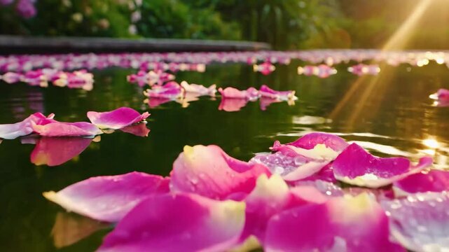 Delicate pink rose petals gently drift across a tranquil pond surface catching warm golden sunlight.