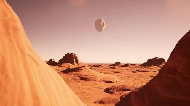 Mysterious floating object hovers above a vast, desolate red alien desert landscape, evoking a sense of cosmic wonder and exploration