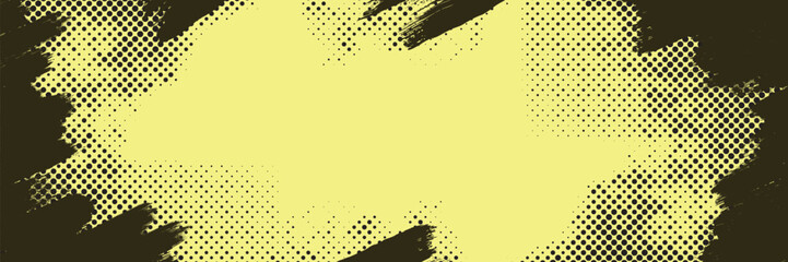 Bold grunge background with halftone dot texture and expressive paint brush strokes on a bright yellow base. Dynamic comic style composition with rough edges creates strong contrast and visual energy.