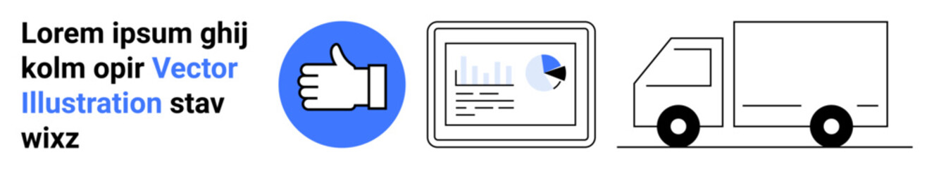 Obraz premium Workflow processes, business management, logistics, analytics, approval, digital workflows. Thumbs up icon, data analytics chart on screen delivery truck. Workflow processes and business management