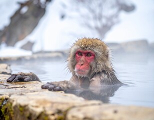 Obraz premium A mother Japanese macaque sits in the snow at Jigokudani to cradle her baby, capturing an intimate portrait of wild animal family life in the nature of Japan