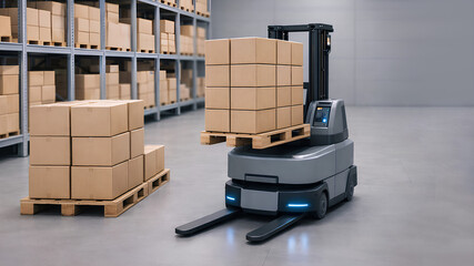 close up of autonomous warehouse robot carrying boxes
