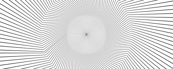 Abstract black and white background with radiating geometric lines forming an optical illusion and dynamic focal center. High contrast linear pattern creates strong depth, motion, and visual tension.