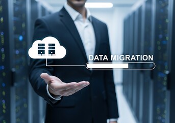 Businessman holding cloud data migration progress bar in server room