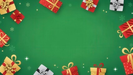 Graphic illustration of christmas gifts and snowflakes creating festive frame on bright green background