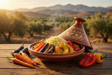 Tajine de verduras con cusc&uacute;s en paisaje rural marroqu&iacute;