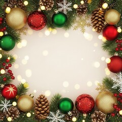 Christmas frame with festive ornaments, pine branches, and twinkling lights on a light background
