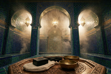 Interior de hammam marroqu&iacute; tradicional con vapor y azulejos ornamentales