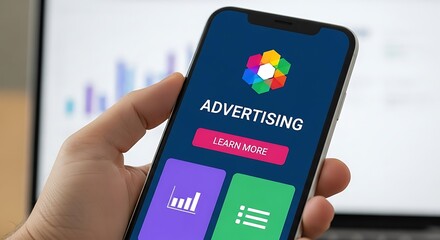 Hand holding smartphone with advertising app and financial charts