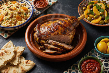 Pierna de cordero asada con cusc&uacute;s y guarniciones marroqu&iacute;es tradicionales