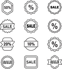 Collection of sale labels and discount icons in black and white.
