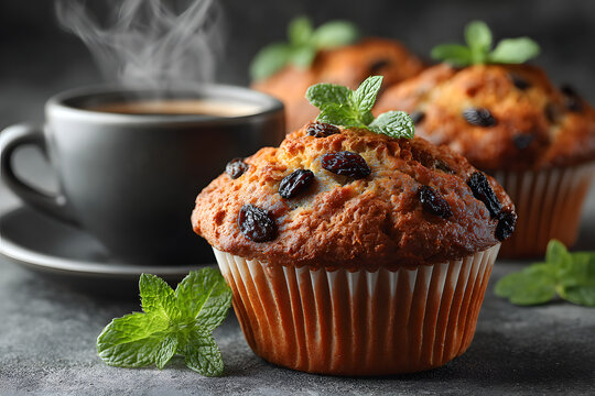 Tasty muffins with raisins, mint and coffee on grey table, flay lay
