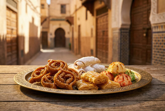 Bandeja de dulces marroqu&iacute;es tradicionales en una calle antigua de la medina