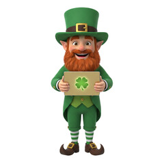 Cheerful 3D leprechaun character holding a golden laptop with a clover symbol, St. Patrick's Day online celebration and technology isolated on transparent or white background, png