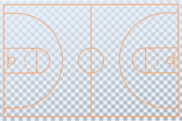 Top view basketball court markings with accurate lines and zones on transparent background. Clean sports layout for diagrams, infographics, coaching, broadcasts, and tactical analysis design.