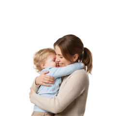 Happy mother tenderly embracing her little son isolated on transparent or white background, png