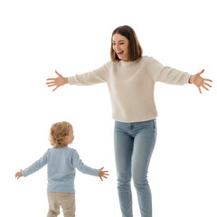 Happy mother opening her arms for a hug to meet her little son, family love and reunion isolated on transparent or white background, png