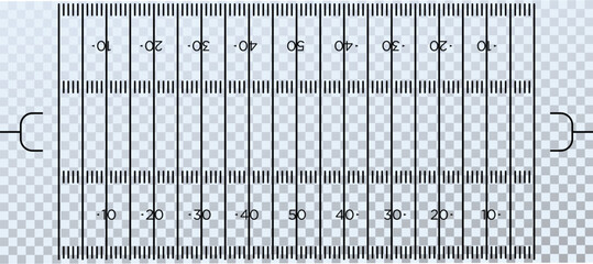 Top view American football field markings with accurate lines, yard lines, and zones on transparent background. Clean sports layout suitable for diagrams, infographics, coaching, broadcasts, and tacti