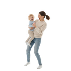 Happy young mother holding her little son in her arms and laughing together isolated on transparent or white background, png