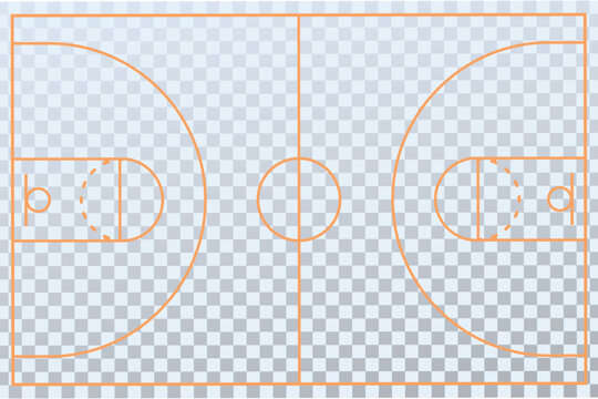Top view basketball court markings with accurate lines and zones on transparent background. Clean sports layout for diagrams, infographics, coaching, broadcasts, and tactical analysis design.