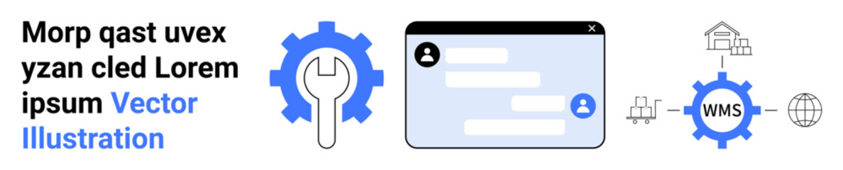 Fototapeta premium Workflow management, IT services, automation, global logistics, system integration, user communication. Gear with wrench, chat window network icons. Workflow management and IT services concept
