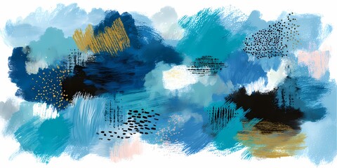 An abstract painting featuring vibrant blue hues and textured patterns with gold and black accents.
