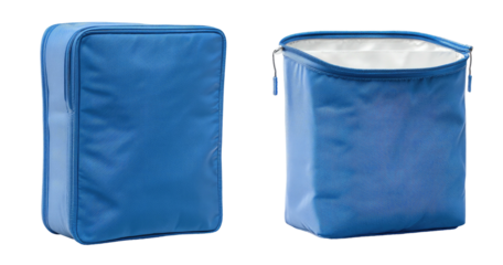 A pair of vibrant blue travel storage cases, one closed, the other open, revealing a white interior