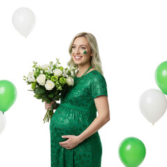 Happy pregnant woman in a green dress holding a bouquet of flowers and celebrating St. Patrick's Day with balloons, isolated on transparent or white background, png