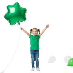 Happy little girl in a green t-shirt holding a large star-shaped balloon and celebrating St. Patrick's Day isolated on transparent or white background, png