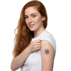 Beautiful redhead young woman showing a four-leaf clover tattoo on her shoulder, symbol of luck and St. Patrick's Day isolated on transparent or white background, png