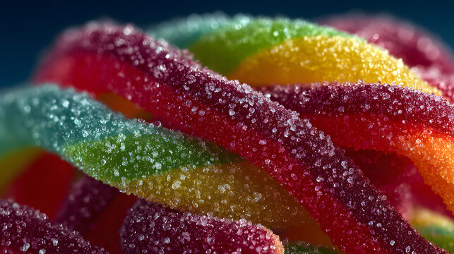 A cheerful and colorful full-frame background of sour gummy worm candies. The vibrant, multi-colored, and sugar-coated worms create a fun and playful texture for party and sweet concepts.