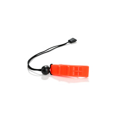 Orange fluorescent emergency whistle isolated on white background   