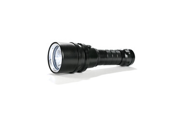 Waterproof black aluminum led flashlight isolated on white background    
