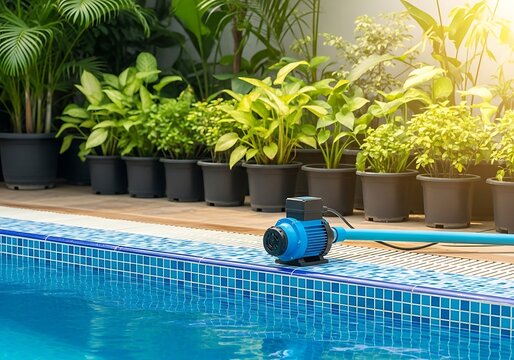 Blue pool pump next to swimming pool and potted plants