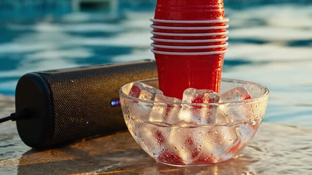 Refreshing Poolside Experience with Music and Cool Drinks Red Party Cups in Ice Next to a Portable Speaker on a Sunny Day