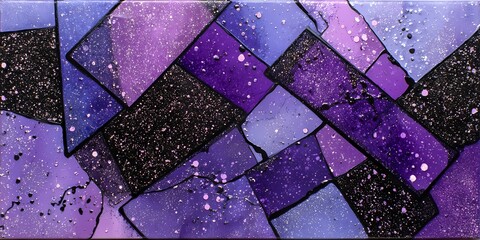 Abstract artwork featuring purple and black geometric shapes with textured patterns.