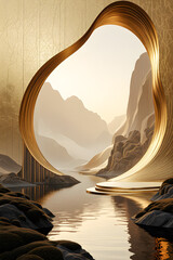 Golden Abstract Archway Framing Mountain Landscape Reflection