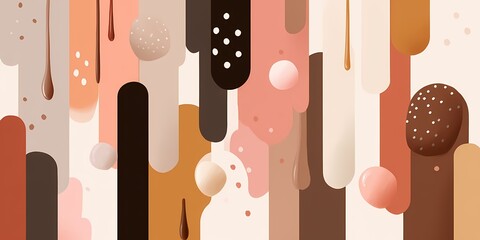 Abstract illustration featuring various shapes and colors in shades of brown, beige, and pink resembling dripping paint.