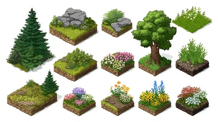 Pixelated isometric set showing various ground tiles with diverse trees, shrubs and flower arrangements