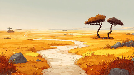 African savanna with a flowing river and scattered trees