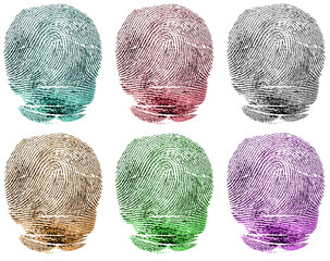 Set of different fingerprints pattern isolated on a white background. Colored ink thumbprints.