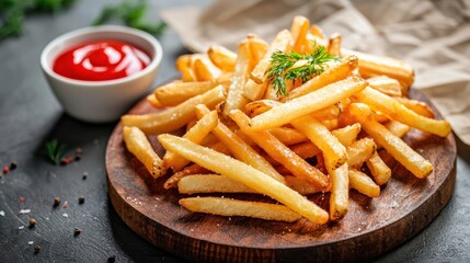 Crispy Golden French Fries on Wooden Platter with Ketchup Dip