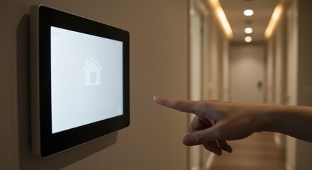Person Using a Wall Mounted Smart Home Control Panel.