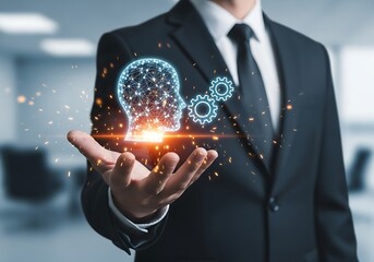 Businessman holding digital human head and gears in palm