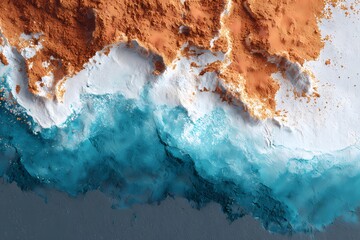 Aerial view of a shore with sandy beaches and turquoise waters merging with white foamy waves.