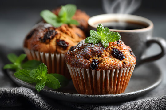 Tasty muffins with raisins, mint and coffee on grey table, flay lay