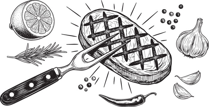 grilled steak with fork and various ingredients around it