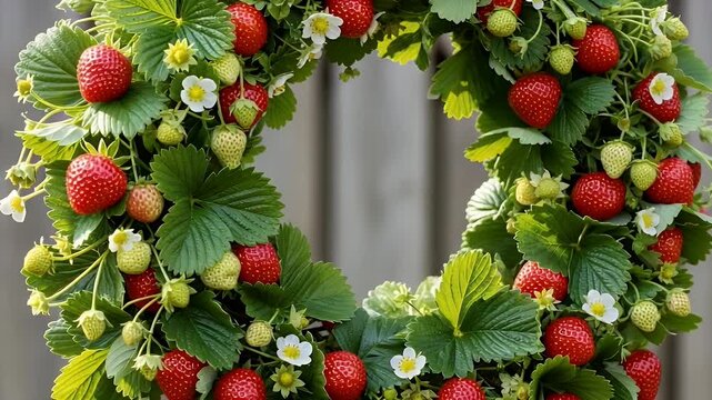 strawberry wreath with fresh berries and green leaves for home decor