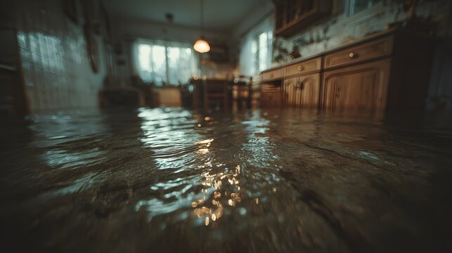 Water floods a modern kitchen floor showing reflection of cabinets in standing water, realistic texture of wet wood, and dramatic lighting.