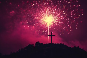 Dramatic silhouette of a Christian cross on a hill against a vibrant magenta night sky illuminated by exploding fireworks, symbolizing celebration or spiritual remembrance.